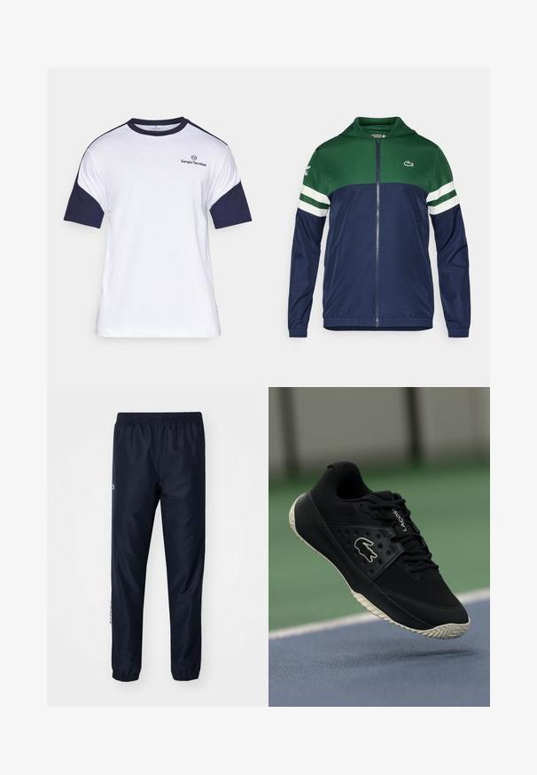 Roheline ja tumesinine kapuutsiga tõmblukuga jakk; kerge materjal, valged triibud käistel ja Lacoste logo vasakul ülaservas.; Valge puuvillane T-särk tumesiniste lühikeste varrukatega, ümar kaelus ja väike logo rinnal. Pehme tekstuur, vormivaba disain.; Tumesinised spordipüksid kergest kangast, millel on elastne vöökoht ja varrukad, ning külje peal on logo aktsent, mis lisab detaili.; Must mustus jalanõud mustritega ülemise osa ja siledate aktsentidega, valge logo, nöörimise disain ja paindlik kummist välistald.