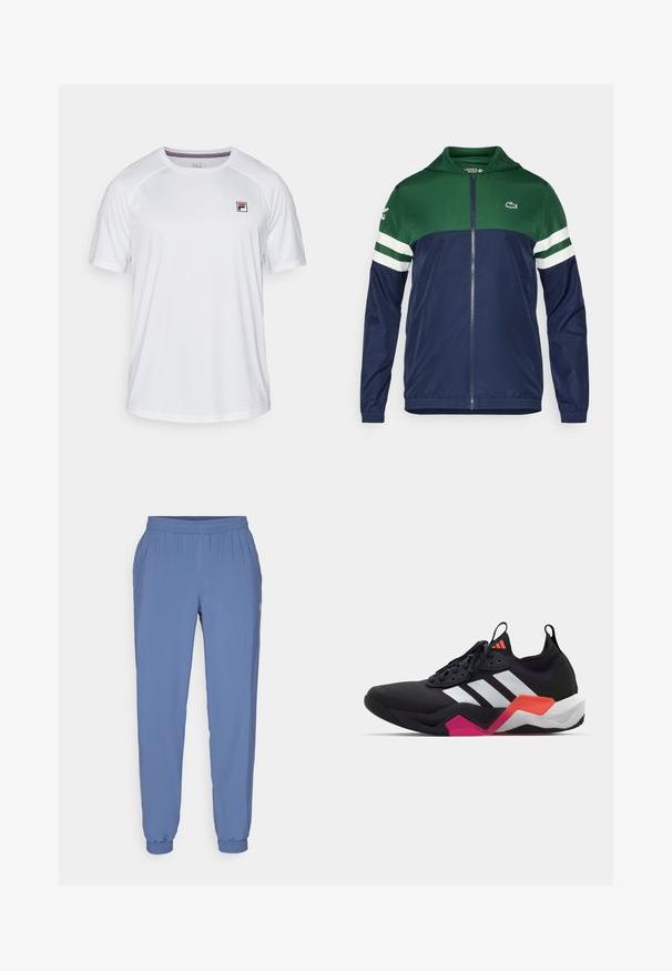 Roheline ja tumesinine kapuutsiga tõmblukuga jakk; kerge materjal, valged triibud käistel ja Lacoste logo vasakul ülaservas.; Valge sportlik t-särk lühikeste varrukatega, ümar kaelus ja väike ristkülikukujuline Fila logo punases, sinises ja mustas värvuses vasakul rinnal.; Sinine, kerge jooksmishari, millel on elastne krae ja mansetid. Omab siledat tekstuuri ja väikest logo ääres.; Mustaline spordijalats valgete triipudega, tekstureeritud ülemise osaga ja pehme tallaga, millel on oranžid, roosad ja valged aktsendid. Sidumisdisain koos tõmblukuga.