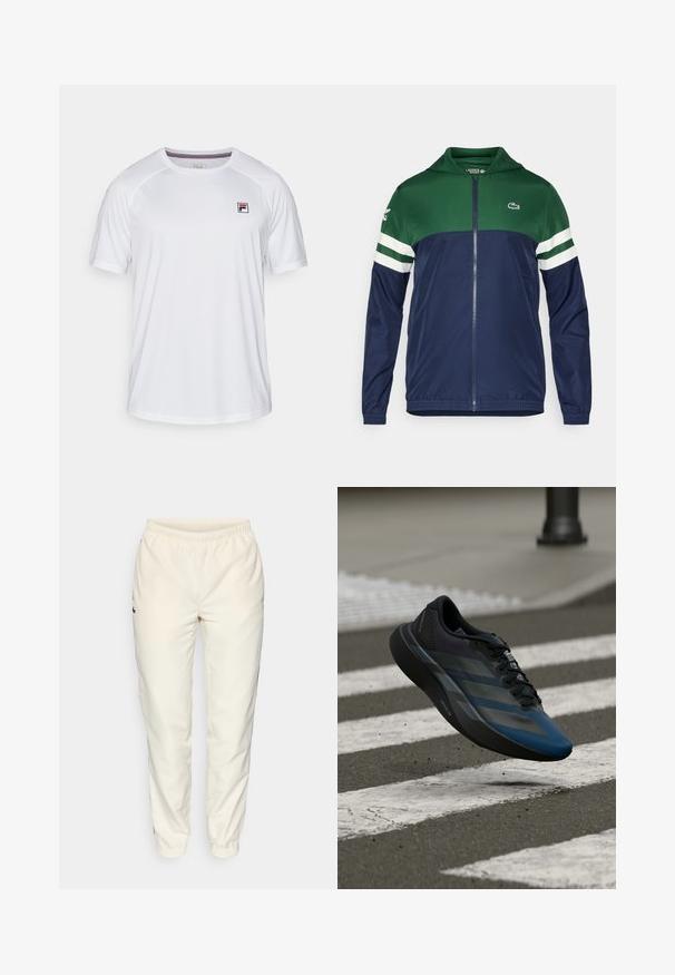 Roheline ja tumesinine kapuutsiga tõmblukuga jakk; kerge materjal, valged triibud käistel ja Lacoste logo vasakul ülaservas.; Valge sportlik t-särk lühikeste varrukatega, ümar kaelus ja väike ristkülikukujuline Fila logo punases, sinises ja mustas värvuses vasakul rinnal.; Kreemivärvilised treeningpüksid elastse vöökohtaga, kitsenevate säärtega ja väikese tumeroheline logo vasakul küljel. Sile ja kerge kangas.; Must ja sinine spordijalats voolava disainiga, millel on tekstureeritud üliskihiga, kontrastsed triibud ja pehme tallaga, hõljumas asfaldipinna kohal.
