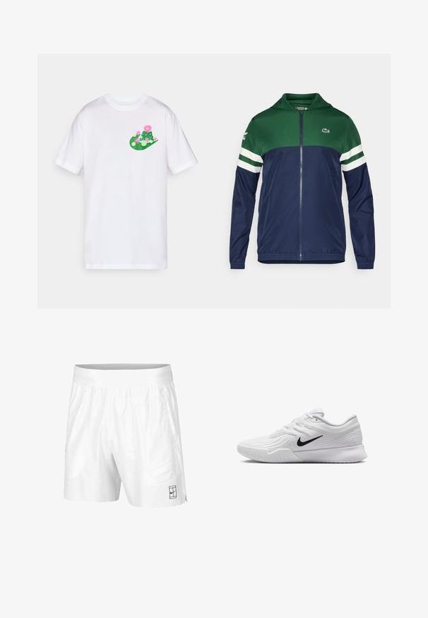 Casaco com fecho éclair em verde e marinho, com capuz; material leve, com detalhes brancos em riscas nas mangas e logo da Lacoste no canto superior esquerdo.; T-shirt de algodão branco com um design gráfico colorido em verde e rosa, representando cactos e flores na área do lado esquerdo do peito.; Calções atléticos brancos feitos de um tecido leve com um cós elástico, apresentando dois bolsos laterais e um pequeno logotipo preto na bainha.; Sapatilha atlética branca com parte superior em malha texturizada, swoosh preto da Nike, colarinho almofadado e sola de borracha com um padrão de ranhura.