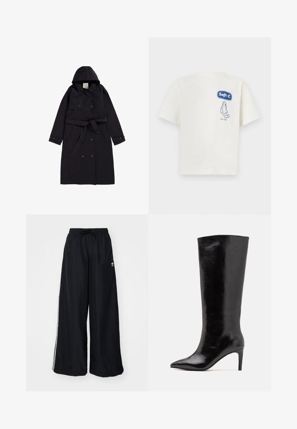 Črn plašč iz gladkega materiala, ki ima kapuco, dvoredno zapiranje s črnimi gumbi in usklajen pas.; Kremna bombažna majica s kratkimi rokavi. Ima modro grafiko logotipa "Soft-e" in ilustracijo, označeno z "100% SOFT."; Črne široke hlače iz lahkega blaga. Imajo elastičen pas z vrvico in bele stranske črte. Logotip blagovne znamke na boku.; Call it Spring RHODDE - Škornji z visoko peto - black