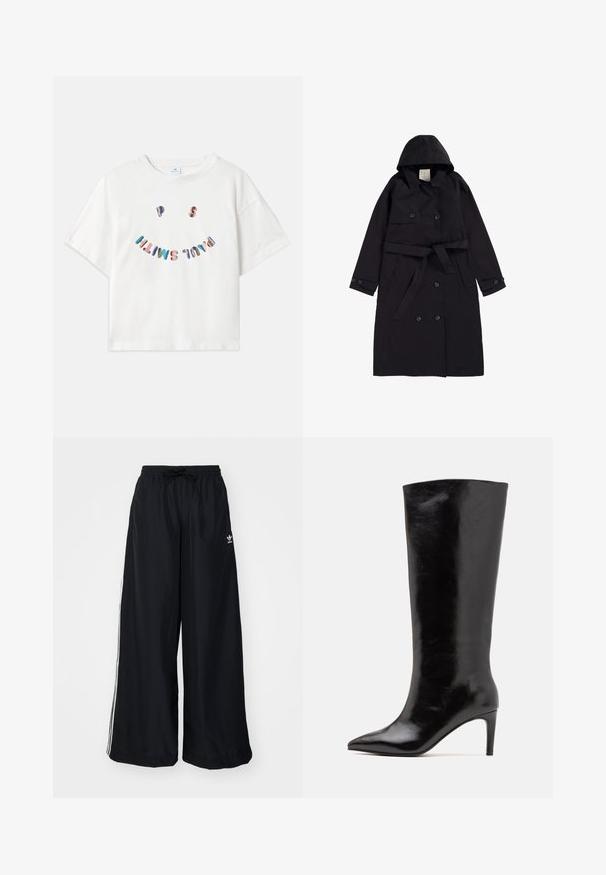 Zwarte trenchcoat van soepel stof, met een capuchon, een dubbelzijdige voorkant met zwarte knopen en een bijpassende riem.; Witte katoenen t-shirt met korte mouwen, ronde halslijn en een kleurrijke "P.S. Smile" grafiek gedrukt in een gebogen indeling op de voorkant.; Zwarte wijde pijpen broek gemaakt van lichtgewicht stof. Heeft een elastische tailleband met een trekkoord en witte zijstrepen. Merklogo op de heup.; Call it Spring RHODDE - Laarzen met hoge hak - black