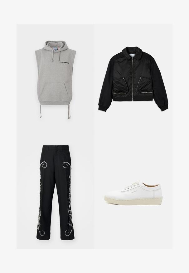 Čierna bomberská bunda so zipsom vpredu, rukávy z kontrastného materiálu a dve veľké zipsové vrecká na prednej strane. Hladká, lesklá textúra.; Svetlošedá tielko mikina vyrobená z bavlnenej zmesi. Obsahuje predné vrecko, nastaviteľné šnúrky a čierny potlačený text pri výstrihu.; Čierne nohavice s vyšívanými kvetinovými vzormi a striebornými ozdobami pozdĺž strán, s rovnými nohavicami a prednými vreckami.; Biele kožené tenisky s textúrovaným povrchom, okrúly špička, béžová gumová podrážka a šesť sivých vystužených očiek na šnúrky, so subtílnym brandingom na boku.