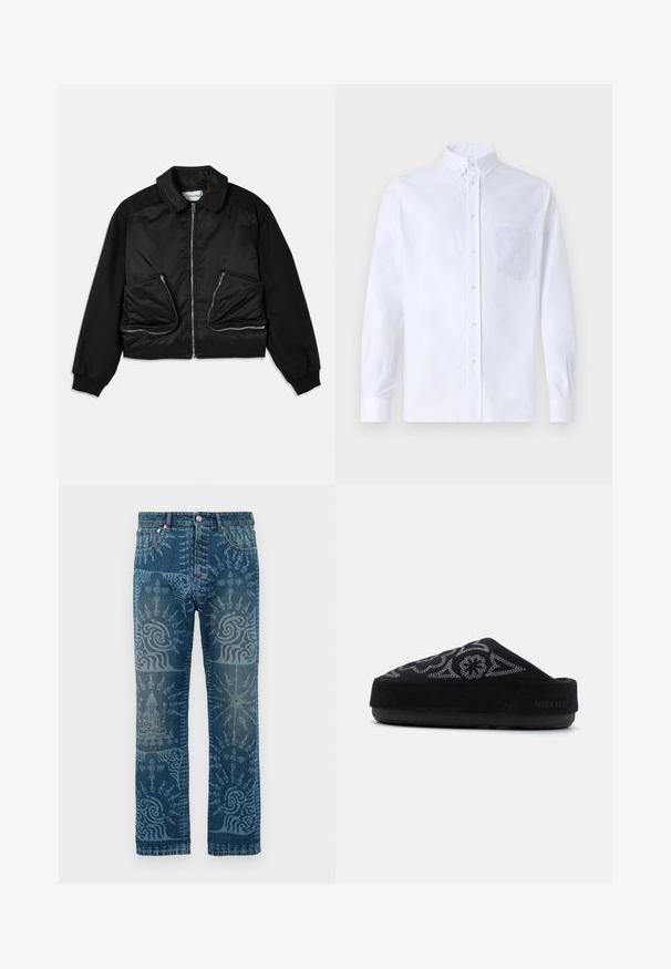 Juodas bomber tipo džemperis su užtrauktuku priekyje, kontrastingos medžiagos rankovėmis ir dviem didelėm kišenėm su užtrauktukais priekyje. Minkšta, blizganti tekstūra.; Balta ilga rankovė mygtukų marškiniai, pagaminti iš medvilnės, su krūtine kišene ir toniniu siuvinėjimu, apykakle ir mygtukų apvadu.; Džinsai vidutinio mėlynumo skalbime, su išraiškingais šviesiai mėlynais raštais, tiesaus kojų silueto dizainu, klasikiniu penkių kišenių stiliumi ir segtuku.; Juoda zomšinė slip-on avalynė su išsiuvinėjimu, suapvalintu pirštu, storu padu ir užrašu "MOON BOOT" ant kulno. Tekstūruotas paviršius.