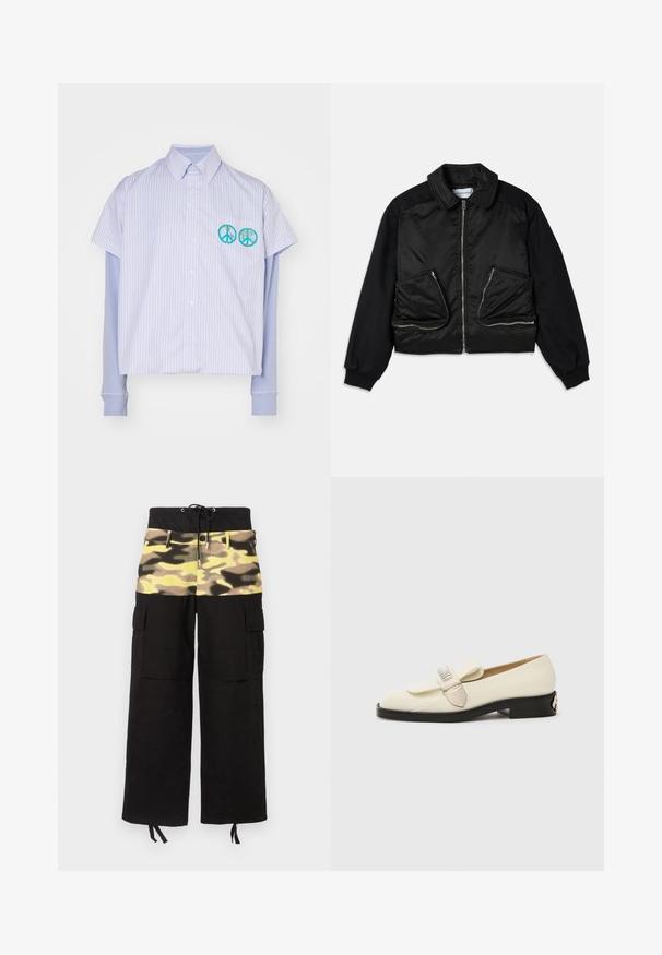 Chaqueta bomber negra con cremallera frontal, mangas de tejido contrastante y dos grandes bolsillos con cremallera en la parte delantera. Textura suave y brillante.; Camisa de botones de manga corta en rayas blancas y azules claras con un diseño corto. Presenta dos bordados de símbolos de paz en turquesa.; Pantalones cargo con tela negra y una sección superior con estampado de camuflaje en tonos de amarillo, verde y marrón; incluye cinturilla ajustable.; Mocasines de cuero crema con punta redonda, que cuentan con un lazo decorativo y un acento metálico, establecidos sobre un bajo tacón negro. Textura suave en toda su superficie.