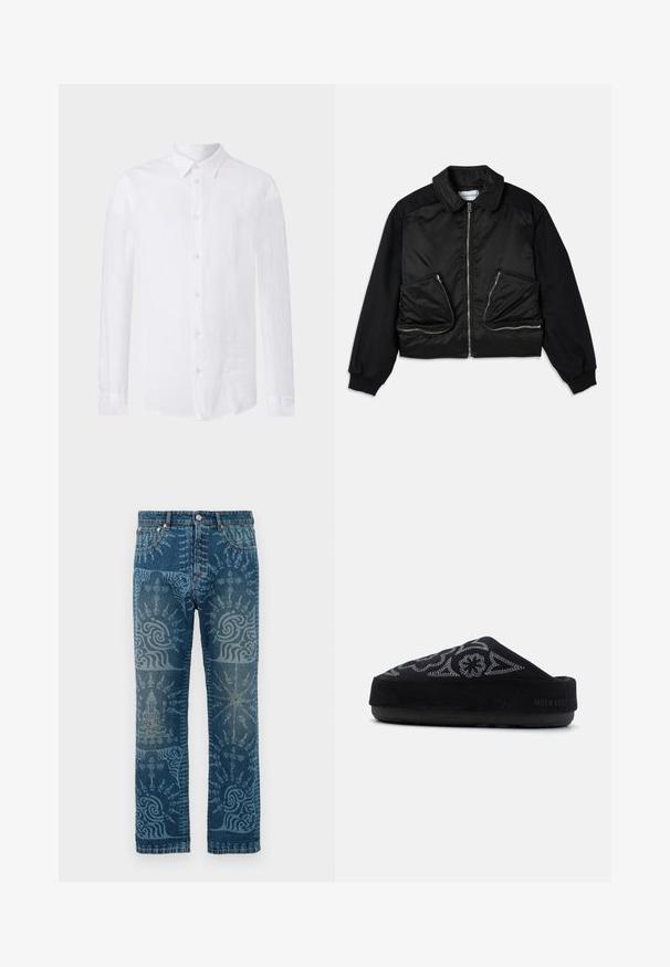 Mustan bomber-jakk lõhkpaneeliga, kontrastsete varrukatega ja kahe suure lukuga taskuga ees. Sile, läikiv tekstuur.; Valge pikkade varrukatega lina särk. Omab klassikalist krae, nööbitihedust ning kumerat alumist serva koos tekstuuriga, kerge viimistlusega.; Keskmise sinise pesu denim-püksid, millel on keerukad helesinised mustrid, sirge sääre disain, klassikaline viie taskuga stiil ja nupukinnitus.; Must musta kingad, millel on tikandiga disain, ümmargune varvas, paks talla ja kandmisel tekst "MOON BOOT". Tekstuuriga pind.