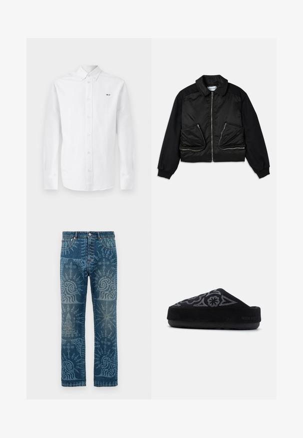 Black bomber jacket with a zip front, fabric contrasting sleeves, and two large zippered pockets on the front. Smooth, shiny texture.; White long-sleeve shirt in cotton, featuring a button-up front, light pink buttons, and black text "NN. 07" on the left chest.; Denim jeans in a medium blue wash, featuring intricate light blue patterns, straight leg design, classic five-pocket style, and button closure.; Black suede slip-on shoe with embroidered design, rounded toe, thick sole, and the text "MOON BOOT" on the heel. Textured surface.