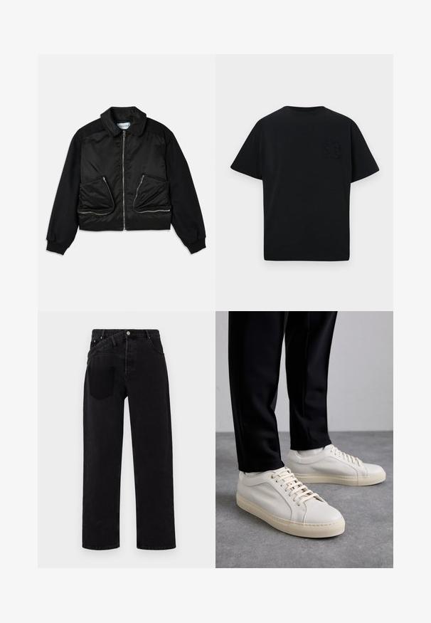 Czarna kurtka bomberka z przodem na zamek, kontrastowymi rękawami z materiału oraz dwiema dużymi kieszeniami na suwak z przodu. Gładka, błyszcząca faktura.; Czarna koszulka z luźnym krojem, krótkimi rękawami i delikatnie wytłoczonym napisem "B" po lewej stronie klatki piersiowej. Wykonana z gładkiej bawełny.; Czarne dżinsy o prostym kroju nogawki, z zapięciem na guzik z przodu, pięcioma kieszeniami oraz jedną kieszenią z tyłu po prawej stronie.; Jasnobeżowe skórzane sneakersy z płaskimi sznurowadłami, teksturowaną powierzchnią i kontrastującą kremową gumową podeszwą, zestawione z czarnymi zwężającymi się spodniami.
