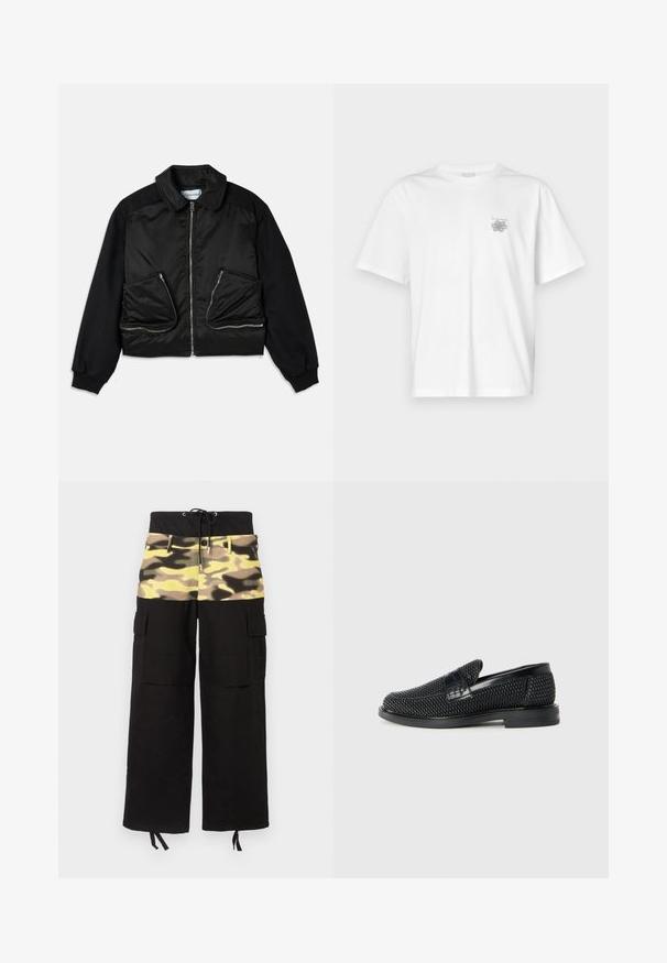 Mustan bomber-jakk lõhkpaneeliga, kontrastsete varrukatega ja kahe suure lukuga taskuga ees. Sile, läikiv tekstuur.; Valge puuvillane T-särk lühikeste varrukatega, ümmarguse kaelusega ja väike hall logo vasakul rinnaosal. Sile tekstuur.; Cargo püksid, millel on must kangas ja kamuflaažimustritega ülemine osa kollase, rohelise ja pruuniga; sisaldab reguleeritavat vöökohta.; Must musta kootud slip-on king, millel on pehme nahast accent ülaserval, ümmargune varvas ja madal profiiliga kummitald.