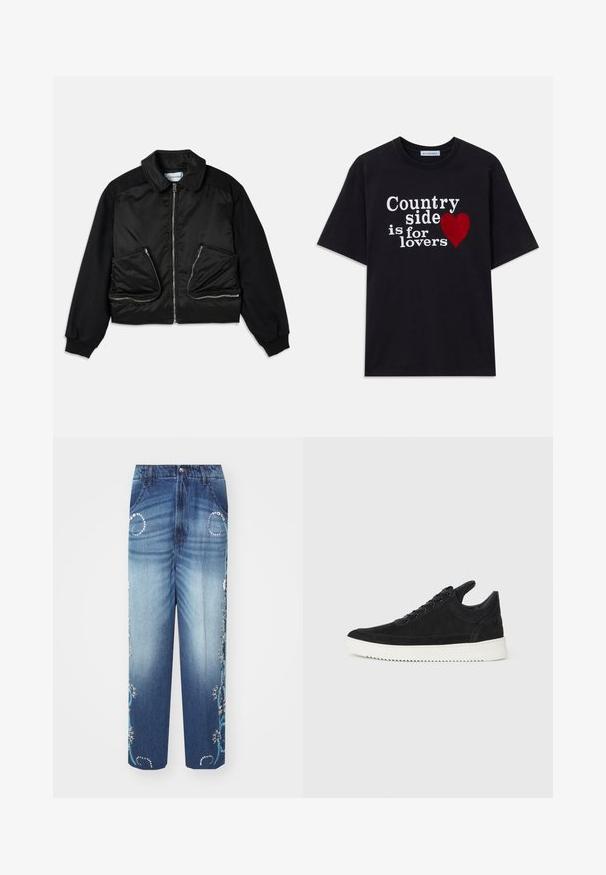 Melnā bomber jakā ar rāvēju priekšā, kontrastējošām piedurknēm un divām lielām rāvējpiekļuves kabatām priekšā. Gluda, spīdīga tekstūra.; Melnas īsām piedurknēm T-krekls ar baltu tekstu "Lauki ir mīļotājiem" un sarkanu sirds grafiku priekšpusē.; Zilā denima platā kāju džinsi ar izbalējušu mazgāšanu, sarežģītu zilu ziedu izšuvumu un dekoratīvām sudraba rotājumu detaļām uz kabatām.; Melna zamša apavi ar baltu gumijas zoli, ar tonālu izšuvumu un auklu dizainu. Gluda tekstūra ar mūsdienīgu, plūstošu formu.