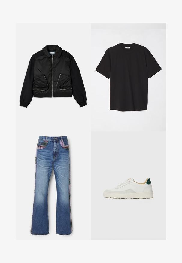 Chaqueta bomber negra con cremallera frontal, mangas de tejido contrastante y dos grandes bolsillos con cremallera en la parte delantera. Textura suave y brillante.; Camiseta de algodón negra con cuello redondo, mangas cortas y un corte relajado. Diseño simple, textura suave y sin patrones o logotipos visibles.; Jeans de mezclilla azul acampanados con paneles laterales decorativos que presentan una textura borrosa multicolor y acentos de tela contrastantes en los bolsillos.; Zapatilla blanca con acentos de ante, puntera redondeada, cordones planos y suela de goma color crema. Presenta un logo verde en el talón.