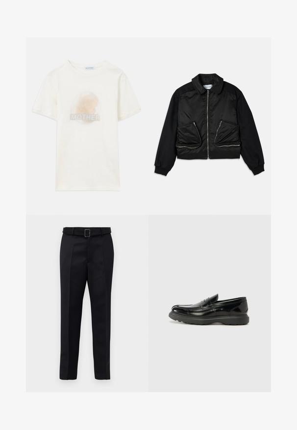 Schwarze Bomberjacke mit Reißverschluss vorne, kontrastierenden Ärmeln aus einem anderen Stoff und zwei großen Reißverschlusstaschen vorne. Glatte, glänzende Textur.; Beige kürzärmeliges T-Shirt mit einem verblassten kreisförmigen Bild des Profils eines Kindes und dem darunter aufgedruckten Wort "MUTTER".; Schwarze maßgeschneiderte Hosen aus glattem Stoff, mit geradem Schnitt und einem Bund mit rechteckiger Schnalle. Auffällige Frontfalten betonen das Design.; Schwarze Lederloafer mit glanzendem Finish, abgerundetem Zehenbereich, subtilen Steppnähten und einer dicken Gummisohle für Langlebigkeit.