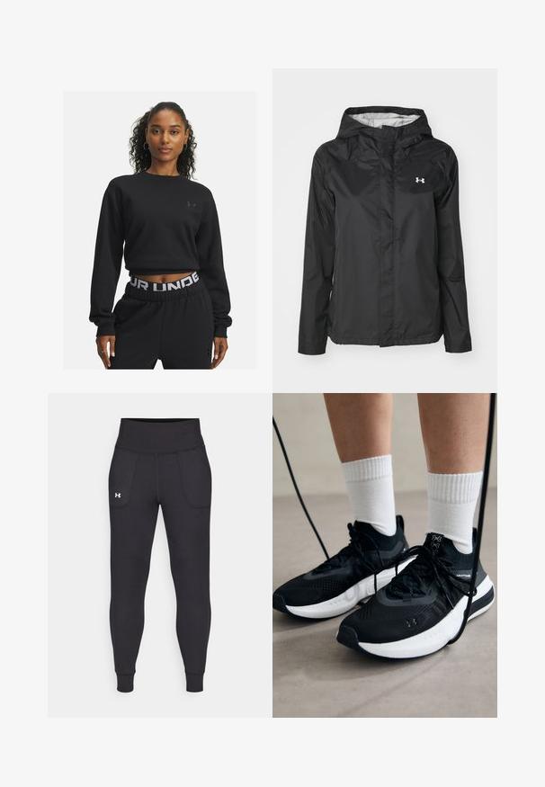 Zwarte regenjack gemaakt van waterafstotend materiaal. Bevat een capuchon, een ritssluiting aan de voorkant en een klein wit logo op de bovenste linkerzijde.; Zwarte cropped sweatshirt met lange mouwen en een ronde hals. Bevat een klein logo op de borst en heeft een zachte, gladde textuur.; Zwarte sportleggings van rekbaar materiaal, met een hoge tailleband, zijzakken en aansluitende boorden bij de enkels.; Zwarte sportschoenen van gestructureerde stof, met een witte zool en zwarte veters. Draag ze met witte geribde sokken, staand op een lichte ondergrond.
