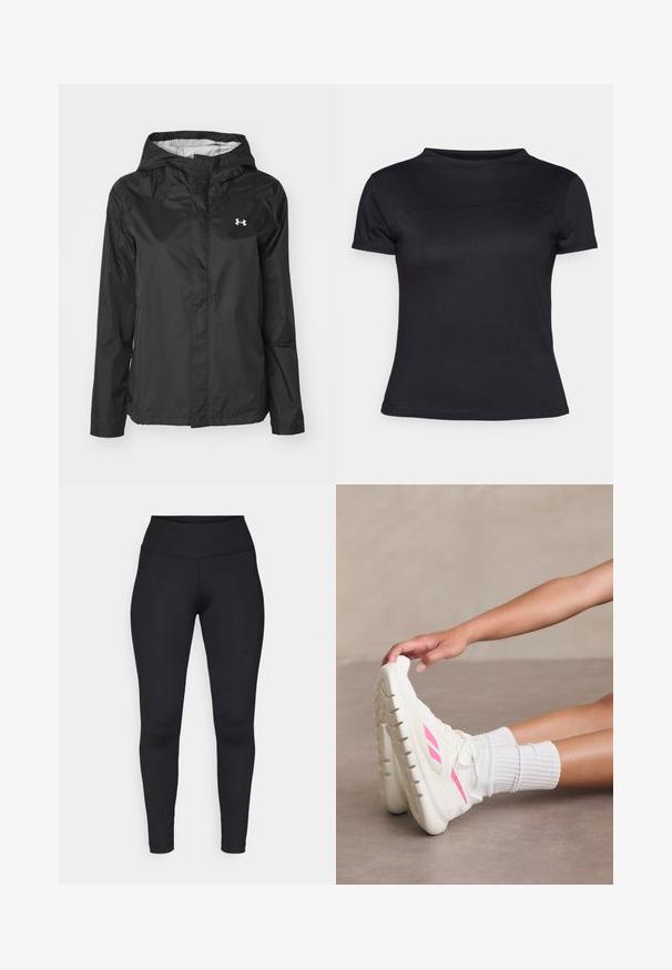 Svart regnjakke laget av vannavstøtende materiale. Har hette, frontlås med glidelås og en liten hvit logo på øvre venstre side.; Svart kortermet T-skjorte laget av bomullsblanding, med rund hals og glatt tekstur, uten synlige logoer eller mønstre.; Sorte tights laget av stretchy stoff, med høy midje, glatt tekstur og rene sømmer uten synlige mønstre eller hardvare.; Hvite joggesko med teksturert såle og rosa detaljer, satt sammen med hvite ankelsokker. En hånd berører forsiktig tuppen av skoen.