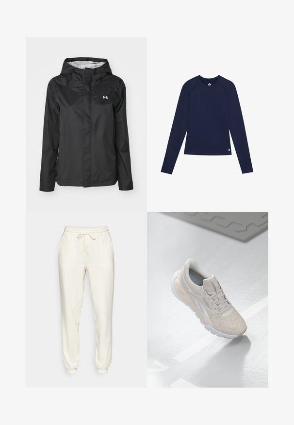 Fekete esőkabát vízálló anyagból. Kapucnival, elöl cipzáras záródással és egy kis fehér logóval a bal felső oldalon.; Nehézkes anyagból készült sötét kék, hosszú ujjú póló, lekerekített nyakkivágással, raglán ujjaival és egy kis logóval az alján.; Világos bézs színű melegítőnadrág, puha anyagból készült, rugalmas derékrésszel és zsinórral, oldalsó zsebekkel és lekerekített bokákkal.; Világos bézs színű sportcipő perforált felsőrésszel, texturált díszítéssel, párnázott nyakkal és fehér gumitalppal, amely a kényelem és a légáteresztő képesség érdekében készült.