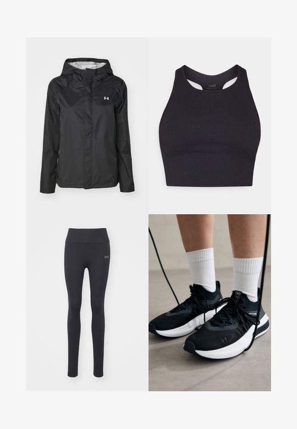 Fekete esőkabát vízálló anyagból. Kapucnival, elöl cipzáras záródással és egy kis fehér logóval a bal felső oldalon.; Fekete sportos crop top bordázott anyagból, ujjatlan kivitelben, kerek nyakkivágással és kivágott részletekkel.; Fekete sport leggings sima textúrával, magas derékkal és varrott részletekkel. Elöl egy kis logó található.; Fekete sportcipők textúrált anyagból, fehér talppal és fekete fűzőkkel. Fehér bordázott zoknikkal viselve, világos felületen állva.