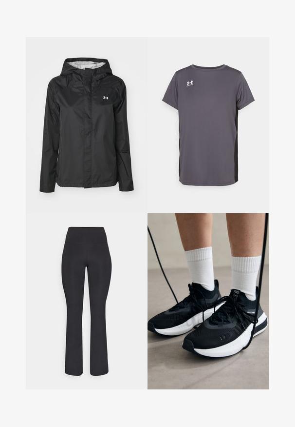 Giacca nera impermeabile realizzata in materiale resistente all'acqua. Presenta un cappuccio, chiusura frontale con zip e un piccolo logo bianco sul lato superiore sinistro.; T-shirt sportivo grigio realizzato in tessuto leggero, con maniche corte, collo a giro e un pannello laterale nero a contrasto. Logo sul petto.; Champion PERFORMANCE FLARE LEGGINS - Leggings - black; Scarpe sportive nere con tessuto testurizzato, suola bianca e lacci neri. Indossate con calzini bianchi a costine, in piedi su una superficie chiara.