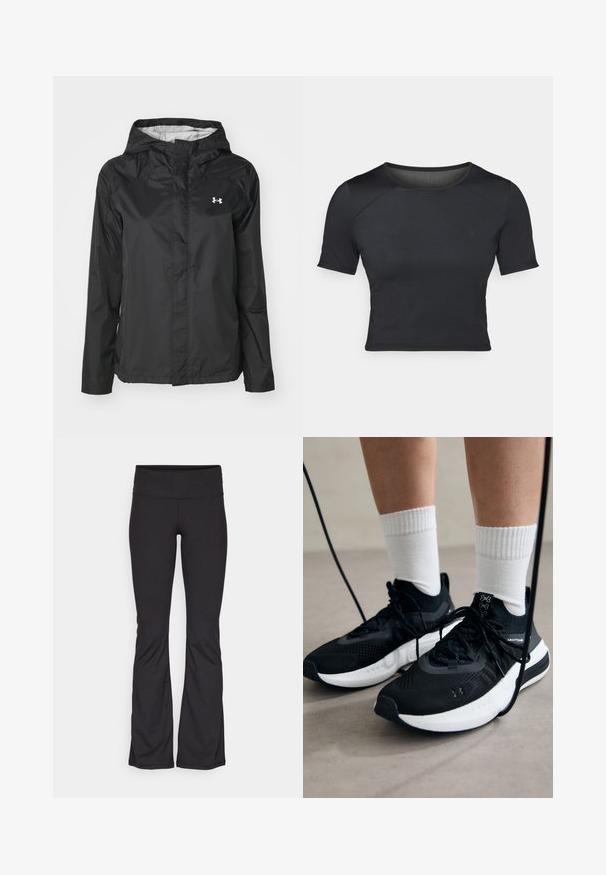 Chubasquero negro hecho de material resistente al agua. Cuenta con una capucha, cierre frontal con cremallera y un pequeño logotipo blanco en la parte superior izquierda.; Top corto negro de manga corta, hecho de una tela suave y elástica, con escote redondo y sutiles detalles de costura en los hombros.; Champion PERFORMANCE FLARE LEGGINS - Leggings - black; Zapatillas deportivas negras con tela texturizada, suela blanca y cordones negros. Llevadas con calcetines blancos de canalé, de pie sobre una superficie clara.