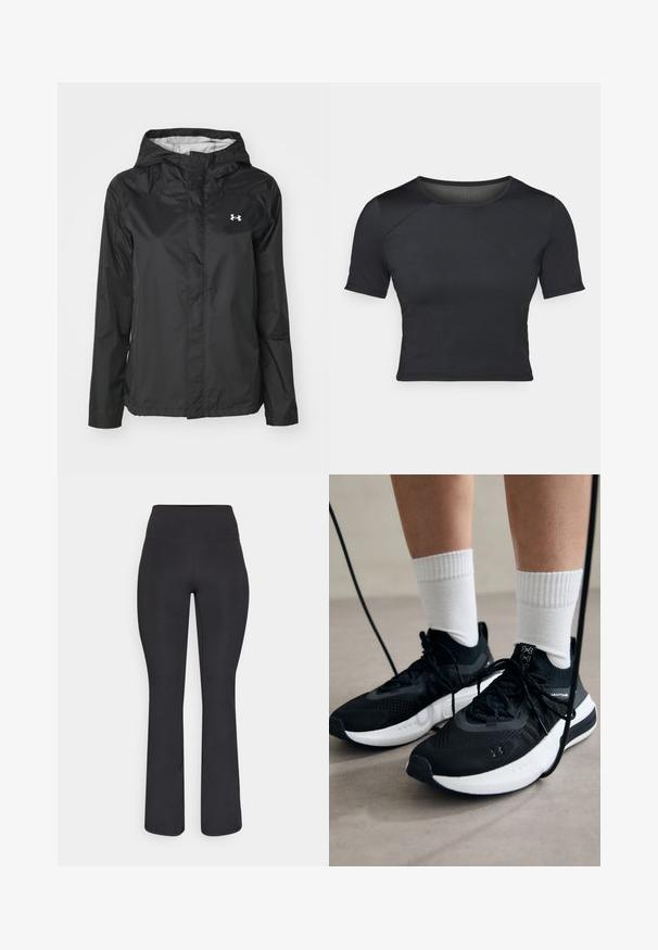 Must värviga vihmamantel, mis on valmistatud veekindlast materjalist. Omab kapuutsi, esimest lukku ja väikest valget logo vasakul ülaservas.; Must värviline lühikeste varrukatega crop top, mis on valmistatud siledast ja venivast kangast, ümmarguse kaelusega ja õlgadel peente õmblusdetailidega.; Champion PERFORMANCE FLARE LEGGINS - Retuusid - black; Mustad mustad jalanõud tekstuuritud kangast, valge tallaga ja mustade paeltega. Kanna valgete soonikkudega sokkide sisse, seistes helesinisel pinnal.