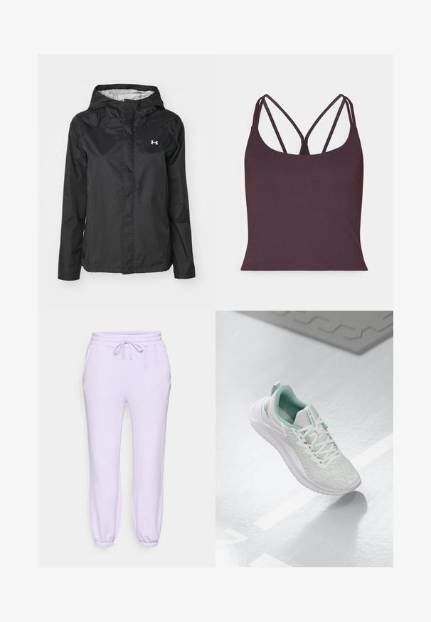 Melna lietus jakas izgatavota no ūdensnecaurlaidīga materiāla. Ar kapuci, priekšējo rāvējslēdzeju un mazu baltu logo augšējā kreisajā pusē.; Tumši purpura krāsas topiņš ar gludu audumu, kas aprīkots ar plānām dubultām siksniņām un noapaļotu kakla izgriezumu. Apakšējā mala ir bezšuvju.; Lavandas sporta bikses ar elastīgu jostu un auklu, sānu kabatām un sašaurinātiem aprocēm pie potītēm. Mīksta, gluda auduma.; Gaišpelēka sporta apava ar teksturētu trikotāžas augšu, mentolzaļiem akcentiem, baltām šņorēm, gumijas zoli un cilpu uz papēža.