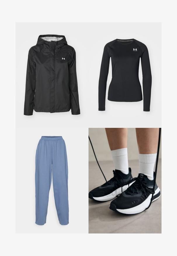 Casaco de chuva preto feito de material resistente à água. Possui capuz, fecho frontal com zíper e um pequeno logotipo branco no lado superior esquerdo.; Camisola atlética de manga longa preta, feita de tecido suave, com decote redondo e um pequeno logótipo branco no lado esquerdo do peito.; ONLY Play ONPBOB WIDE BRUSH - Calças de fato de treino - vintage indigo; Sapatilhas desportivas pretas com tecido texturizado, sola branca e atacadores pretos. Usadas com meias brancas caneladas, a pé sobre uma superfície clara.