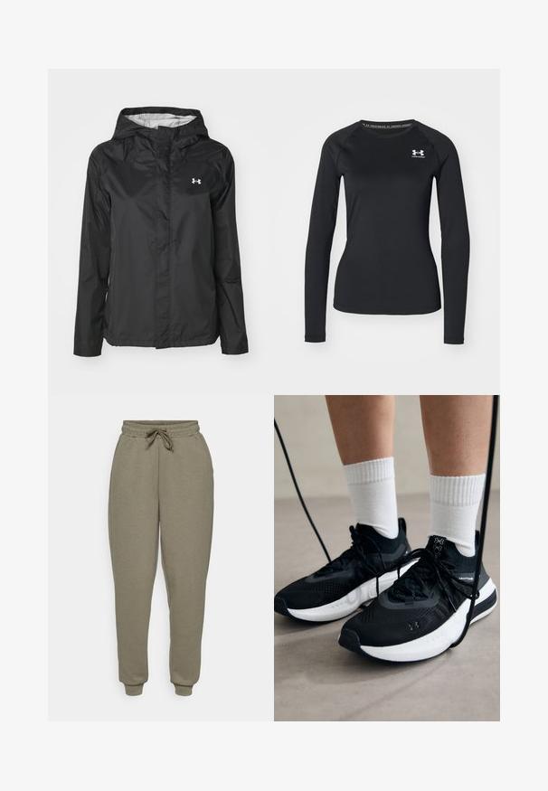 Casaco de chuva preto feito de material resistente à água. Possui capuz, fecho frontal com zíper e um pequeno logotipo branco no lado superior esquerdo.; Camisola atlética de manga longa preta, feita de tecido suave, com decote redondo e um pequeno logótipo branco no lado esquerdo do peito.; ONLY Play ONPLOUNGE LIFE REG NOOS - Calças de fato de treino - kalamata; Sapatilhas desportivas pretas com tecido texturizado, sola branca e atacadores pretos. Usadas com meias brancas caneladas, a pé sobre uma superfície clara.