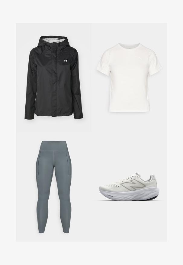 Giacca nera impermeabile realizzata in materiale resistente all'acqua. Presenta un cappuccio, chiusura frontale con zip e un piccolo logo bianco sul lato superiore sinistro.; T-shirt bianca leggera con maniche corte, collo rotondo e un piccolo logo nell'angolo in alto a sinistra. Tessuto morbido con una leggera lucentezza.; Leggings grigi alti in vita con due tasche laterali, realizzati in tessuto elasticizzato, con cuciture piatte e una texture liscia.; Scarpe sportive bianche con tomaia in rete, dotate di collo imbottito, suola testurizzata e il marchio "Fresh Foam" sulla intersuola.