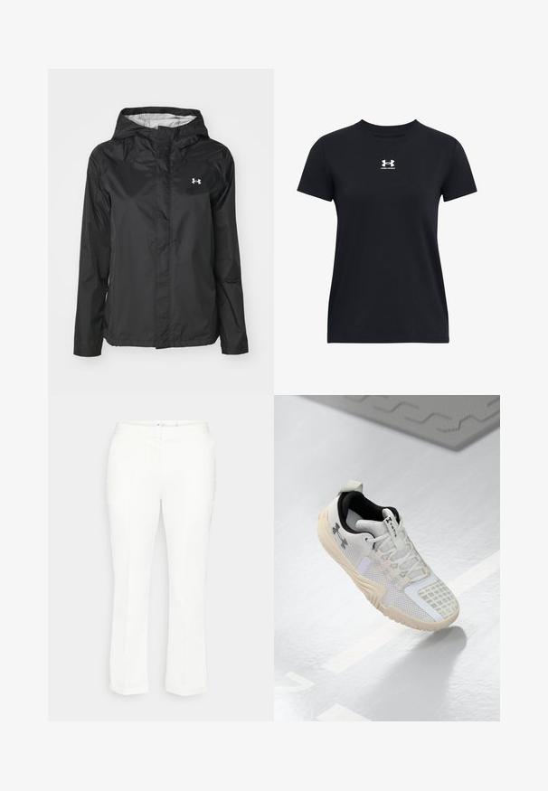 Svart regnjacka tillverkad av vattenavvisande material. Har en huva, framsidan med dragkedja och en liten vit logotyp på övre vänstra sidan.; Svart kortärmad T-shirt i bomull. Har en rund halsringning och en vit Under Armour-logotyp på bröstet. Enkel, enfärgad design.; Vita rakbenade byxor med platt midjeband, subtila veckdetaljer och inga synliga fickor. Slät textur, klassisk design.; Vita idrottsskor med ett strukturerat mesh-övre, svart inredning och en beige gummisula med ett mönstrat grepp. Accenterat med subtila detaljer.
