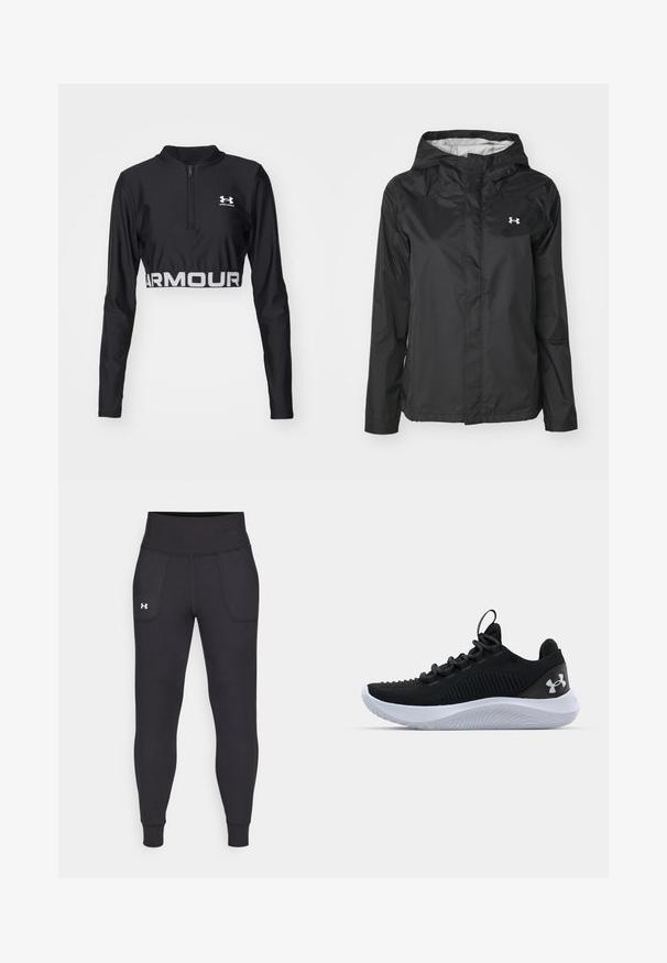 Juodas lietpaltis, pagamintas iš vandeniui atsparios medžiagos. Turi gobtuvą, priekį užtraukiamą užtrauktuku ir mažą baltą logotipą viršutiniame kairiajame kampe.; Juodas apkarpytas ilgomis rankovėmis viršus, pagamintas iš tamprios medžiagos, su ketvirtadalio užtrauktuku kaklo srityje ir baltu „ARMOUR“ logotipu palei apatinę dalį.; Juodos sportinės leginsai, pagaminti iš tamprių medžiagų, su aukštu juosmeniu, šoninėmis kišenėmis ir priglundančiomis blauzdų manžetėmis.; Juodi sportiniai batai su kvėpuojančia tinkline viršutine dalimi, tekstūruotais akcentais ir balto gumos padu. Yra lygios raišteliai ir užkulnio kilpa.