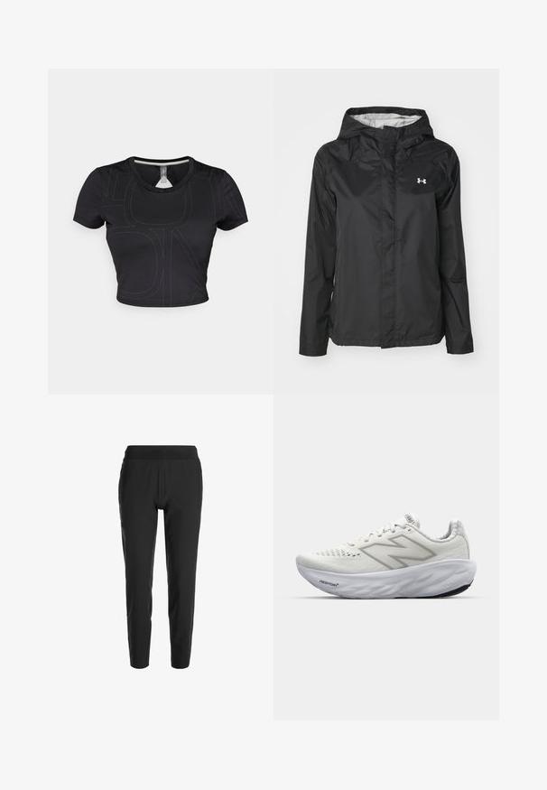 Melna lietus jakas izgatavota no ūdensnecaurlaidīga materiāla. Ar kapuci, priekšējo rāvējslēdzeju un mazu baltu logo augšējā kreisajā pusē.; Melnā īsā piedurkņu krekliņā ar apgrieztiem sāniem, ar kontrastējošu šuvumu un noapaļotu dekoltē. Materiāls izskatās gluds un elastīgs.; Melni šaurie bikses ar elastīgu jostu, ar gludu tekstūru un minimālistisku dizainu. Vieglas audums komfortam.; Baltas sporta apavi ar acu acu augšdaļu, ar mīkstu apkakli, teksturētu zoli un "Fresh Foam" zīmolu uz vidus zoles.