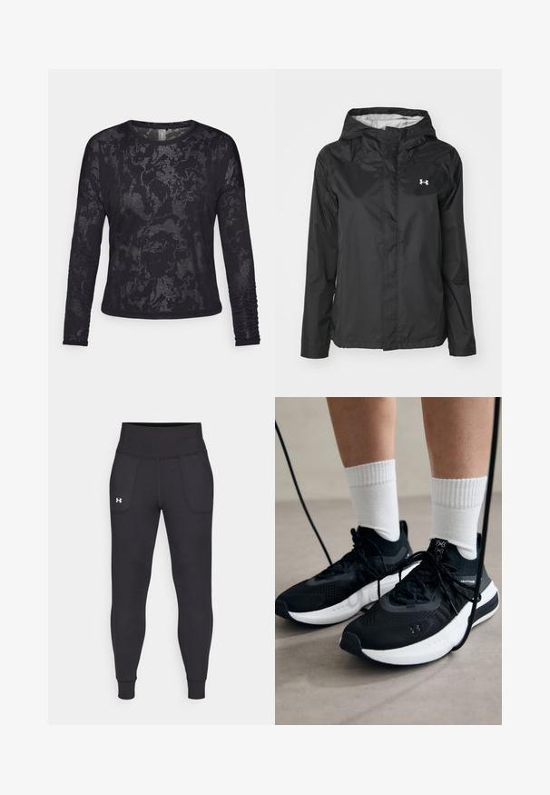 Czarna kurtka przeciwdeszczowa wykonana z wodoodpornego materiału. Posiada kaptur, zamek błyskawiczny z przodu oraz małe, białe logo po lewej stronie u góry.; Czarna, długorękawowa koszula z teksturowanej tkaniny o subtelnym wzorze. Posiada okrągły dekolt i marszczone detale na rękawach.; Czarne legginsy sportowe wykonane z elastycznego materiału, z wysokim stanem, bocznymi kieszeniami i dopasowanymi mankietami przy kostkach.; Czarne buty sportowe z teksturowanym materiałem, białą podeszwą i czarnymi sznurowadłami. Nosi je osoba w białych skarpetkach w prążki, stojąca na jasnej powierzchni.