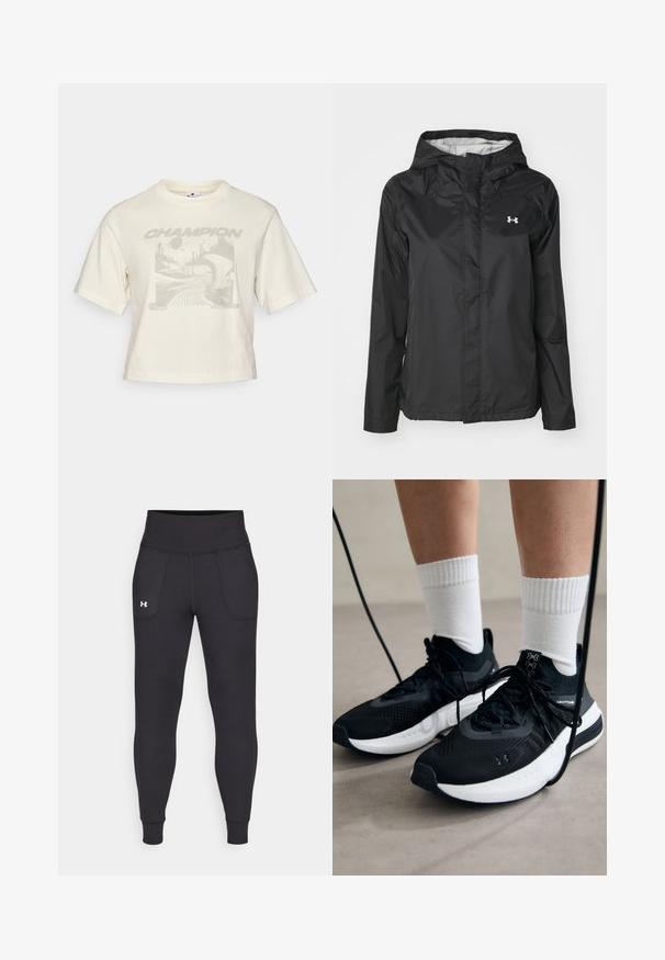 Must värviga vihmamantel, mis on valmistatud veekindlast materjalist. Omab kapuutsi, esimest lukku ja väikest valget logo vasakul ülaservas.; Lühikese varrukaga kreemivärvi t-särk, mis on valmistatud puuvillast, ning uhkeldab halli graafilise printimisega, kus on kujutatud abstraktseid maastikke ja sõna "CHAMPION" kumerais kirjas.; Mustad must-harjutuslegid, mis on valmistatud elastse materjali jaoks, kõrge vöökoha, küljetaskute ja tihedalt istuvate pahkluude vahega.; Mustad mustad jalanõud tekstuuritud kangast, valge tallaga ja mustade paeltega. Kanna valgete soonikkudega sokkide sisse, seistes helesinisel pinnal.