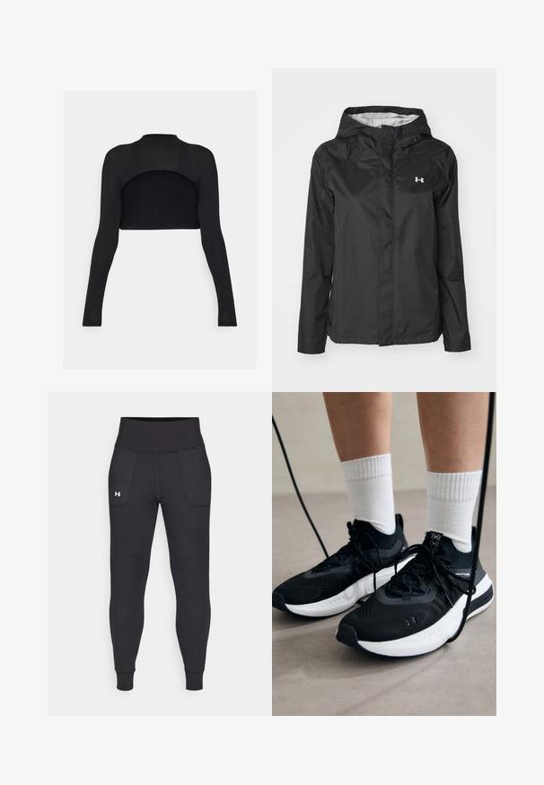 Czarna kurtka przeciwdeszczowa wykonana z wodoodpornego materiału. Posiada kaptur, zamek błyskawiczny z przodu oraz małe, białe logo po lewej stronie u góry.; Czarny prążkowany crop top z długimi rękawami, wysokim kołnierzem i otwartym tyłem. Gładka struktura i dopasowany krój.; Czarne legginsy sportowe wykonane z elastycznego materiału, z wysokim stanem, bocznymi kieszeniami i dopasowanymi mankietami przy kostkach.; Czarne buty sportowe z teksturowanym materiałem, białą podeszwą i czarnymi sznurowadłami. Nosi je osoba w białych skarpetkach w prążki, stojąca na jasnej powierzchni.
