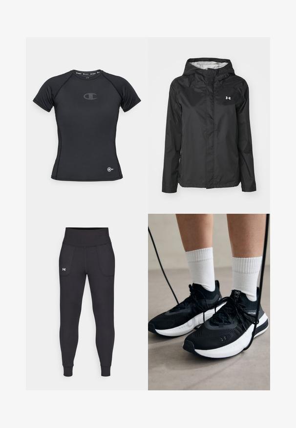 Fekete esőkabát vízálló anyagból. Kapucnival, elöl cipzáras záródással és egy kis fehér logóval a bal felső oldalon.; Fekete sportpóló rugalmas anyagból. Rövid ujjú, kerek nyakú, és diszkrét logóval a mellkasán és az alján.; Fekete sportleggings rugalmas anyagból, magas derékfűzéssel, oldalsó zsebekkel és szűkített szárakkal a bokán.; Fekete sportcipők textúrált anyagból, fehér talppal és fekete fűzőkkel. Fehér bordázott zoknikkal viselve, világos felületen állva.