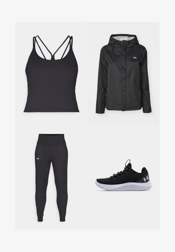 Crna kišna jakna napravljena od vodootpornog materijala. Ima kapuljaču, prednje zatvaranje na zip, te mali bijeli logo na gornjoj lijevoj strani.; Crni top bez rukava s tankim trakama i dizajnom u obliku križa na leđima. Izrađen od mekanog, rastezljivog materijala s prilagođenim krojem.; Crne sportske tajice napravljene od rastezljivog materijala, sa visokim pojasom, bočnim džepovima i uskim manžetama na gležnjevima.; Crne sportske cipele s prozračnom mrežastom gornjom površinom, teksturiranim detaljima i bijelim gumennim potplatom. Imaju ravne čipke i petni remen za lakše obuvanje.