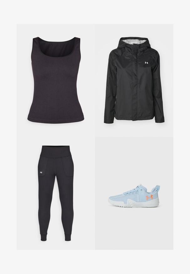 Černá dešťová bunda vyrobená z voděodolného materiálu. Obsahuje kapuci, přední zip a malé bílé logo na levé horní straně.; Tmavě šedý žebrovaný top s kulatým výstřihem a tenkými ramínky, nabízející přiléhavý střih a hladkou texturu.; Černé sportovní legíny vyrobené z elastického materiálu, s vysokým pasem, bočními kapsami a úzkými manžetami na kotnících.; Světlomodrá sportovní bota vyrobená z prodyšného materiálu s texturovanou podrážkou, s oranžovým logem a šněrovacím designem.