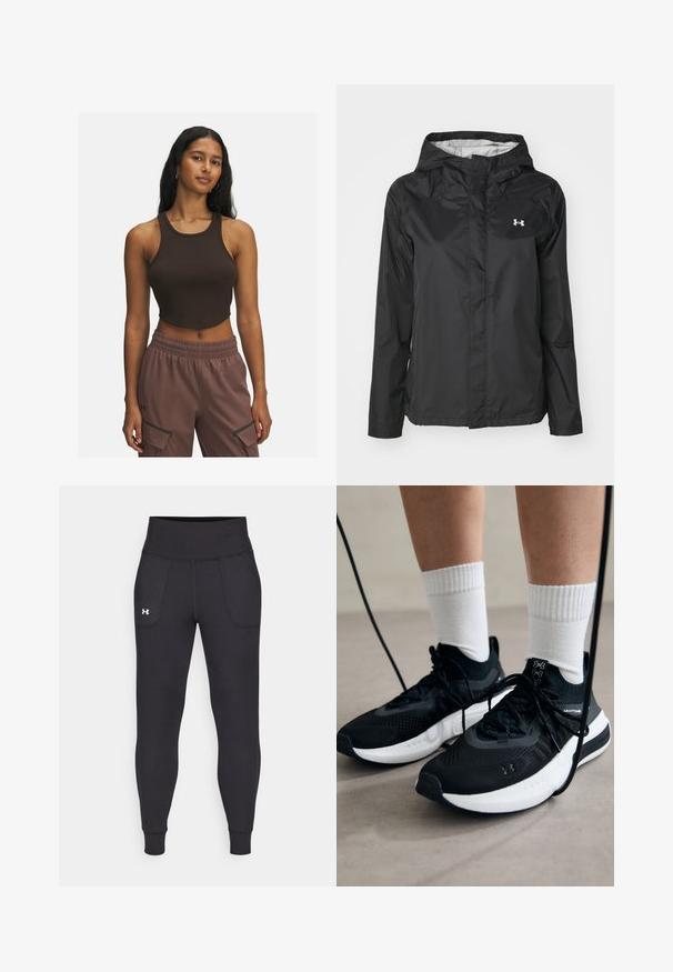 Giacca nera impermeabile realizzata in materiale resistente all'acqua. Presenta un cappuccio, chiusura frontale con zip e un piccolo logo bianco sul lato superiore sinistro.; Top corto a coste marrone con scollatura tonda e cuciture minime, abbinato a pantaloni marroni chiari con tasche laterali e cintura elastica.; Leggings atletici neri realizzati in materiale elastico, con un alto giro vita, tasche laterali e polsini aderenti alla caviglia.; Scarpe sportive nere con tessuto testurizzato, suola bianca e lacci neri. Indossate con calzini bianchi a costine, in piedi su una superficie chiara.