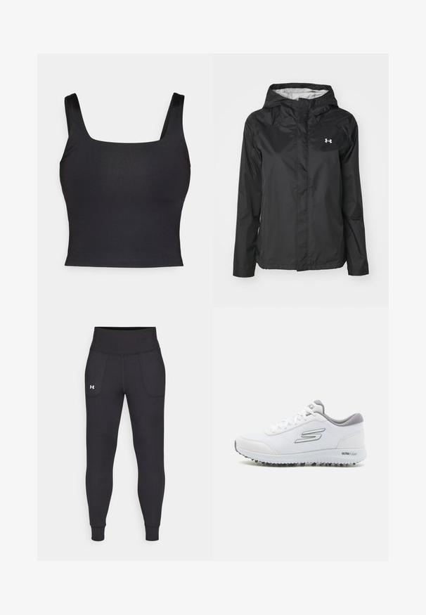 Fekete esőkabát vízálló anyagból. Kapucnival, elöl cipzáras záródással és egy kis fehér logóval a bal felső oldalon.; Fekete crop top négyzet alakú nyakkivágással és széles vállpántokkal. Simább, elasztikus anyagból készült, testhez simuló fazonban. Nincs díszítés.; Fekete sportleggings rugalmas anyagból, magas derékfűzéssel, oldalsó zsebekkel és szűkített szárakkal a bokán.; Fehér sportcipők texturált hálós felsőrésszel, ezüst részletekkel és könnyű talppal, amelyen kis tapadószögek találhatók, "ULTRA FLIGHT" felirattal.