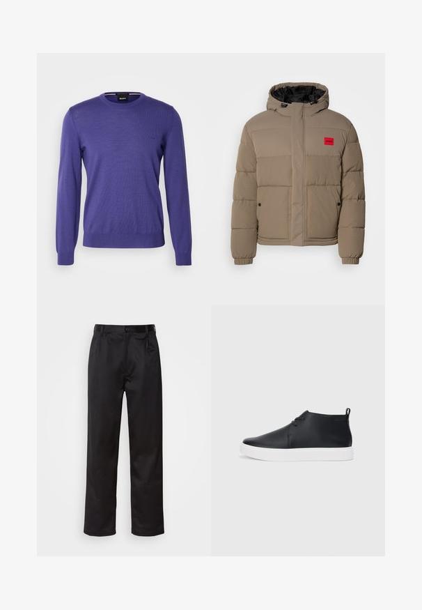 Puhasta jakna v svetlo rjavi barvi, z nastavljivo kapuco, sprednjim zadrgo in rdečo logotipno nalepko na prsih. Oblikovana je z elastičnimi manšetami in žepi.; BOSS BOTTO - Pulover - medium purple; Črne hlače iz gladkega materiala, ki imajo sprednjo zaponko, naborke in ravne noge. Brez vidnih vzorcev ali okraskov.; Črne usnjene visoke superge s gladko površino, bela gumijasta podloga in preprosta zasnova vezalk. Imajo držalo na hrbtni strani.
