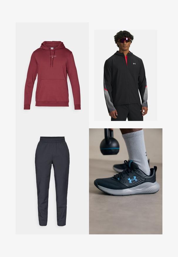 Zwarte zip-up jas met een capuchon, voorzien van grijze strepen en rode accenten op de mouwen. Draag deze over een rood T-shirt, weergegeven met een zonnebril.; Bordeaux hoodie met een trekkoordkap, voorzak en geribde manchetten. Bevat witte logo-tekst op de borst. Zachte stoftextuur.; Marineblauwe tapered broek van zachte stof, voorzien van een elastische tailleband, zijzakken en een gladde textuur met subtiele stikseldetails.; Zwarte sportschoen met blauwe accenten, gestructureerde bovenkant en grijze zool. Draagt met grijze geribbelde sokken, naast een zwarte kettlebell.