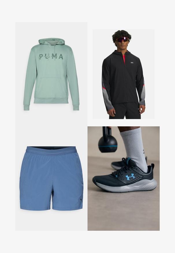 Schwarze Zip-up-Jacke mit Kapuze, mit grauen Streifen und roten Akzenten an den Ärmeln. Getragen über einem roten Shirt, präsentiert mit Sonnenbrille.; Hellgrüner Kapuzenpullover mit Kängurutasche, der ein strukturiertes "PUMA"-Logo auf der Brust und eine Kordel für die Kapuze aufweist.; Blaue Sportshorts mit einem elastischen Bund, aus leichtem, glattem Stoff; mit einem Logo auf der unteren linken Vorderseite.; Schwarzer Sportschuh mit blauen Akzenten, strukturiertem Obermaterial und grauer Sohle. Getragen mit grauen gerippten Socken, neben einer schwarzen Kettlebell.