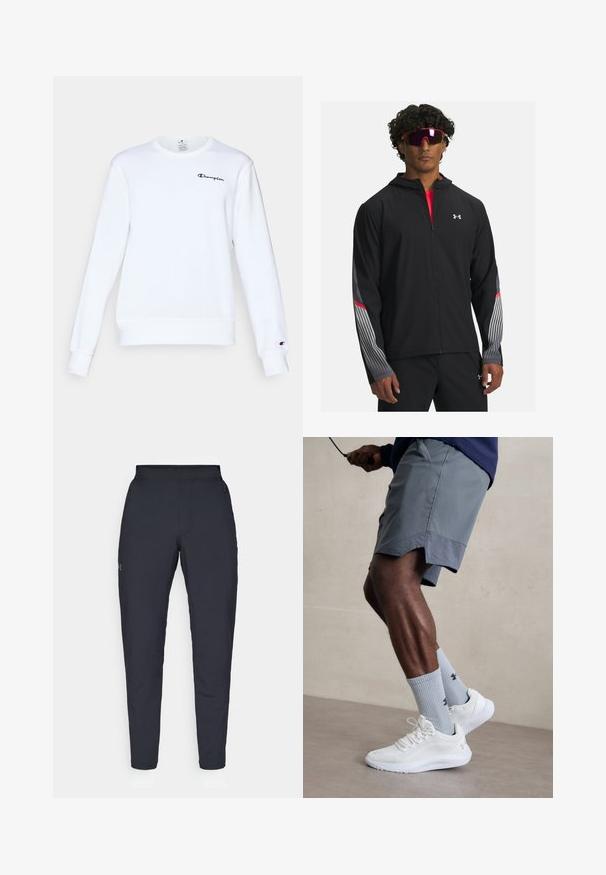 Giubbotto nero con zip e cappuccio, caratterizzato da strisce grigie e dettagli rossi sulle maniche. Indossato sopra una maglietta rossa, esibito con occhiali da sole.; Felpa bianca in cotone, con maniche lunghe, scollo rotondo, polsini e orlo a coste, che presenta un piccolo logo nero "Champion" sul petto.; Pantaloni sportivi neri con una texture liscia, vestibilità slim, vita elastica e tasche laterali. Presentano un piccolo logo sulla coscia sinistra.; Scarpe da ginnastica bianche con tomaia in mesh testurizzato, abbinate a calzini a coste blu chiaro con un logo. Pantaloni sportivi grigi con bordi perforati.