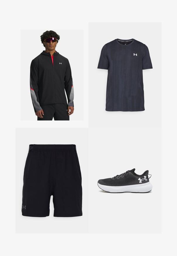 Mustra musta tõmbetaskuga jope, millel on hallid triibud ja punased aktsendid varrukatel. Kandmine punase särgi peal, esitatud koos prillidega.; Tumedan meres lühikeste varrukatega särk, mis on valmistatud hingavast kangast, millel on tekstureeritud muster ja valge Under Armouri logo rindkere piirkonnas.; Mustad must vennishortsid elastse vööga, millel on vasakul jalal diskreetne hall logo. Siledast kangast, põlvepikkune disain.; Mustavad spordijalatsid struktureeritud võrkmaterjalist pealmise osa, valge pehmendusega tallaga ja mustade paeltega, millel on kantaval valges värvitoonis logo kandajal.