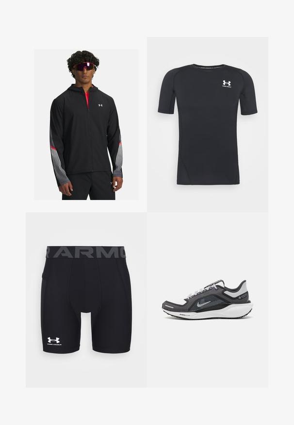 Melnas zip-up jaka ar kapuci, ar pelēkām svītrām un sarkaniem akcentiem uz piedurknēm. Valkāta virs sarkanas kreklas, parādīta ar saulesbrillēm.; Melnas īsās piedurknes sporta krekliņš izgatavots no mitrumu absorbējoša, elastīga auduma. Tam ir apaļa kakla izgriezuma forma un neliels balts logo krūšu rajonā.; Melnas sporta kompresijas šorti ar pieguļošu dizainu, elastīgu jostu ar uzrakstu "ARMOUR" pelēkā krāsā un balto Under Armour logotipu.; Melnas un pelēkas sporta kurpes ar tīklu augšdaļu, atstarojošiem akcentiem un baltu starpzoli. Aprīkotas ar teksturētu gumijas zoli un šņorēm.