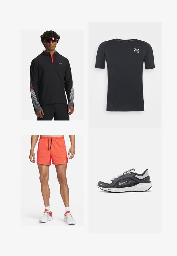 Črna zip-up jakna s kapuco, z sivimi črto in rdečimi detajli na rokavih. Oblačila so nad rdečo majico, prikazana z očali.; Črna kratka športna majica z dolgimi rokavi iz tkanine, ki odvaja vlago in je raztegljiva. Ima okroglo ovratnico in majhen beli logotip na prsih.; Nike moške tekaške hlače v svetlo oranžni barvi, z elastičnim pasom in vrvico, stranskima žepoma ter majhnim sivo logotipom.; Črne in sive atletske čevlje z mrežasto zgornjim delom, odsevnimi detajli in belim srednjim podplatom. Imajo strukturiran gumijast podplat in vezalke.