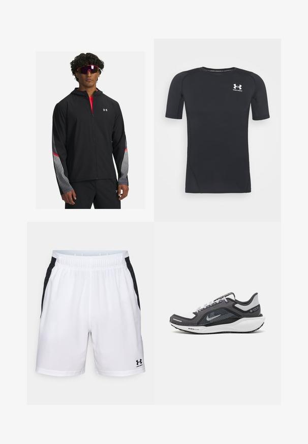 Melnas zip-up jaka ar kapuci, ar pelēkām svītrām un sarkaniem akcentiem uz piedurknēm. Valkāta virs sarkanas kreklas, parādīta ar saulesbrillēm.; Melnas īsās piedurknes sporta krekliņš izgatavots no mitrumu absorbējoša, elastīga auduma. Tam ir apaļa kakla izgriezuma forma un neliels balts logo krūšu rajonā.; Balti sporta šorti ar melniem sānu akcentiem, elastīgu jostu un Under Armour logo zemākajā labajā kājā. Gluda tekstūra un viegla materiāla.; Melnas un pelēkas sporta kurpes ar tīklu augšdaļu, atstarojošiem akcentiem un baltu starpzoli. Aprīkotas ar teksturētu gumijas zoli un šņorēm.