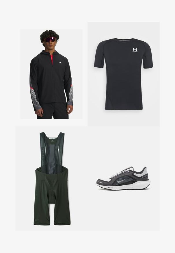 Črna zip-up jakna s kapuco, z sivimi črto in rdečimi detajli na rokavih. Oblačila so nad rdečo majico, prikazana z očali.; Črna kratka športna majica z dolgimi rokavi iz tkanine, ki odvaja vlago in je raztegljiva. Ima okroglo ovratnico in majhen beli logotip na prsih.; Temnozeleni kolesarski kratki hlače z mrežastimi naramnicami, oblazinjeno sedežno področje in odsevni detajli. Gladek, elastazen material za udobje.; Črne in sive atletske čevlje z mrežasto zgornjim delom, odsevnimi detajli in belim srednjim podplatom. Imajo strukturiran gumijast podplat in vezalke.