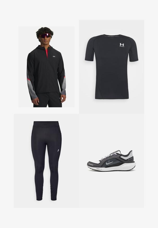 Juodas zip-up džemperis su gobtuvu, su pilkomis juostelėmis ir raudonais akcentais ant rankovių. Užsidėtas ant raudono marškinėlio, demonstruojamas su akiniais nuo saulės.; Juodas trumpomis rankovėmis sportinis marškinėlis, pagamintas iš drėgmės sugeriančios, tamprios medžiagos. Turi apvalų iškirpimą ir mažą baltą logotipą ant krūtinės.; Juodos sportinės tamprios legginsai, pagaminti iš elastingos medžiagos. Vykdoma aukšta liemens juosta, lygi tekstūra ir mažas logotipas šone.; Juodas ir pilkas sportinis batelis su tinkleliu viršuje, atspindinčiais akcentais ir balta vidurinė dalimi. Yra tekstūruota guminė išorinė pada ir raišteliai.