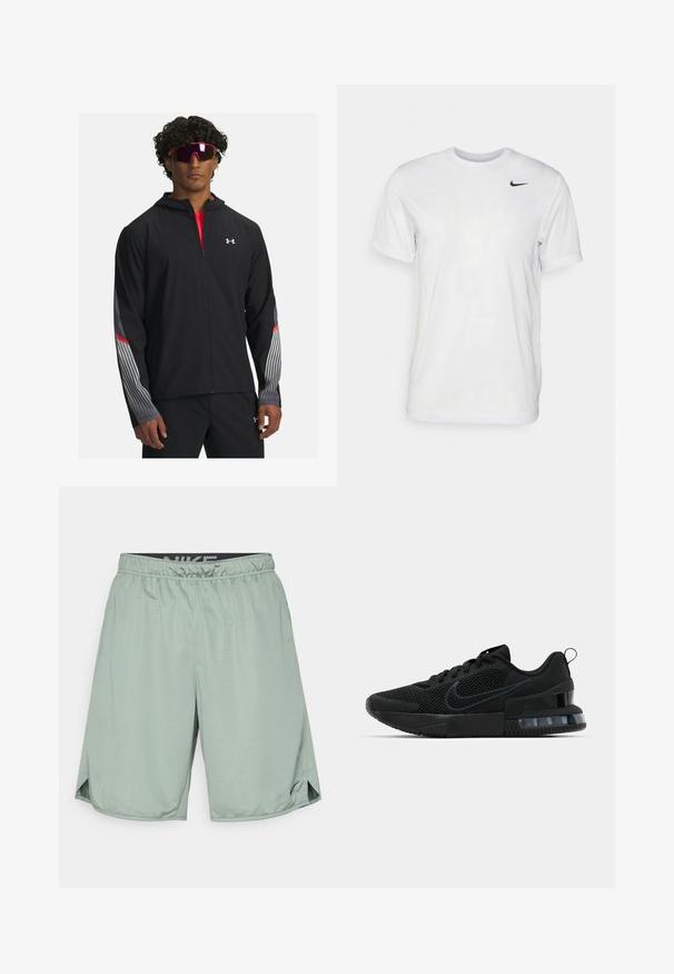 Čierna zipová bunda s kapucňou, obsahujúca šedé pruhy a červené akcenty na rukávoch. Nosená cez červené tričko, vystavená s okuliarmi.; Biela krátka tričko s krátkymi rukávmi vyrobené z hladkej látky. Má okrúhly výstrih a malé čierne logo Nike na ľavej hrudi.; Zelené športové šortky s elastickým pásom a čiernym logom Nike. Vyrobené z ľahkého materiálu, majú bočné rozparky pre väčšiu mobilitu.; Čierna atletická obuv Nike so sieťovinovým zvrškom, gumovou podrážkou, polstrovaným golierom a výrazným priehľadným akcentom na podpätku.