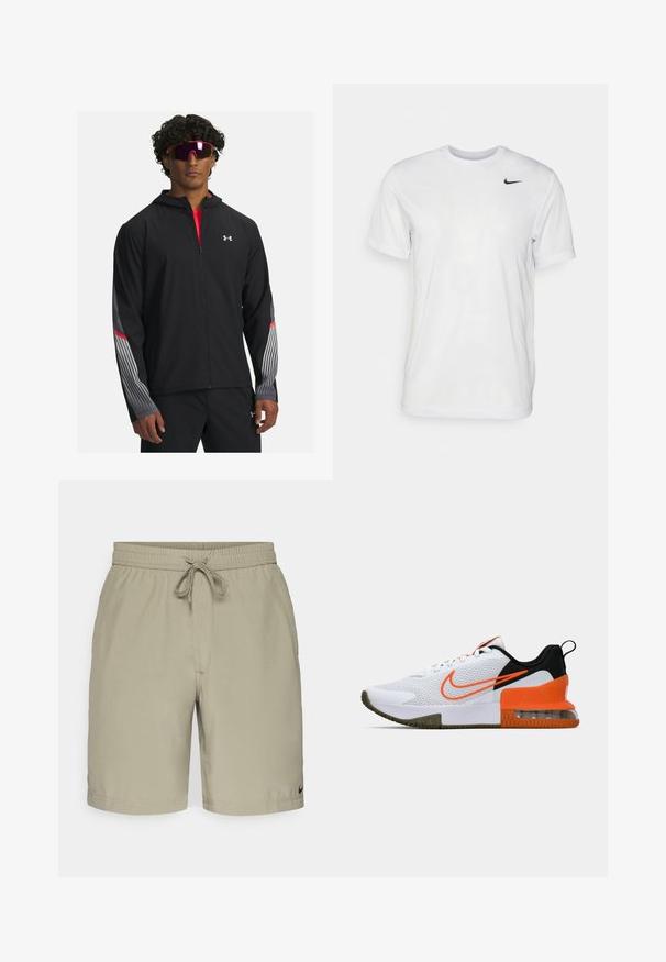Zwarte zip-up jas met een capuchon, voorzien van grijze strepen en rode accenten op de mouwen. Draag deze over een rood T-shirt, weergegeven met een zonnebril.; Witte korte mouwen t-shirt gemaakt van gladde stof. Voorzien van een ronde hals en een klein zwart Nike-logo op de linkerborst.; Beige shorts met een elastische tailleband en een trekkoord. Gladde stof, klassieke pasvorm, met zijzakken en een klein logo op de onderzoom.; Witte sportieve schoen met een gestructureerde mesh bovenkant, zwarte en oranje accenten, een dikke rubberen zool en een doorzichtige luchtkussensectie bij de hak.